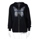 Ifomt Fashion  Butterfly Graphic Rhinestone Zip Up Hoodies 90S Streetwear Diamond Grey Long Jacket Autumn
