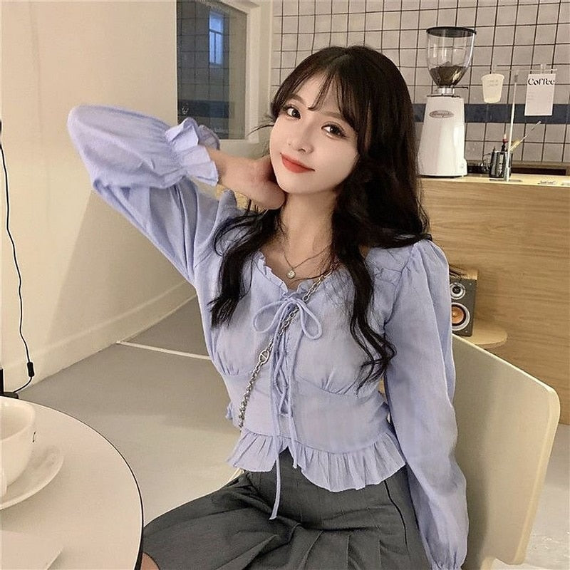 Back to college Blouses Women Sweet   Square Collar Design Spring Top Slim Flare Sleeve Fashion Solid Cute All-Match College Bandage Blusas