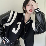 Ifomt Streetwear Black PU Leather Stitching Sleeve Baseball Jacket 90s Vintage Embroidery Punk Cool Casual Short Coat Fall 2023 Outfits