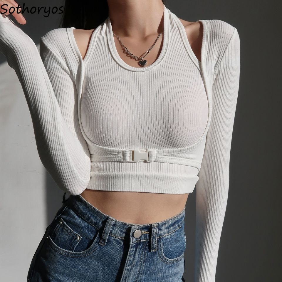 Ifomt Slim Fit Long Sleeve T-shirts Women Solid Stylish Simple Halter Fake-two Pieces Crop Tops Female Fall 2023 Outfits