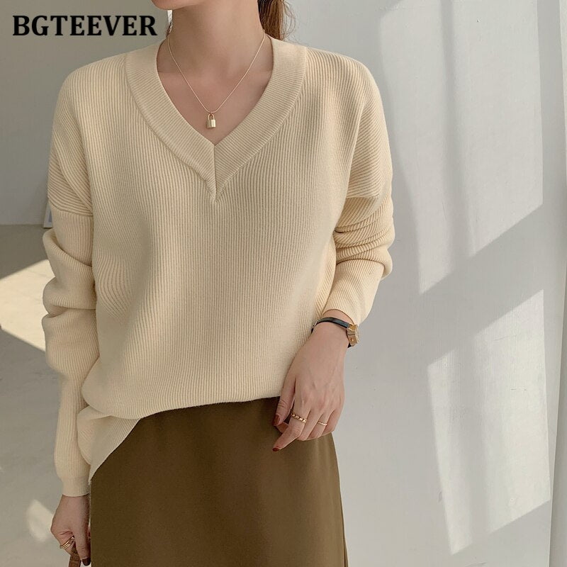 Ifomt  Elegant V-Neck  Knitted Women Sweaters Full Sleeve Loose Female Pullovers Jumpers Autumn Winter Thick Ladies Knitwear