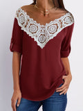 2022 women's blouse V-neck lace shirt stitching hollow three-quarter sleeve top women blouse