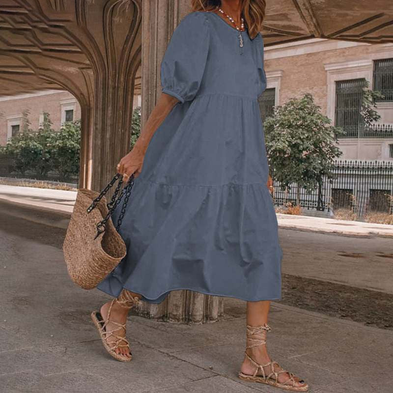 Boho Clothing Dress Vintage Summer Loose Cottagecore O-Neck Solid Sundress Midi Cotton Short Sleeve Patchwork 2022 Fashion Women