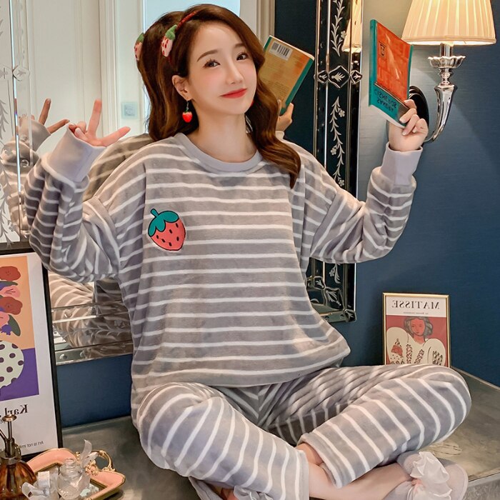 Ifomt 2022 Autumn Winter Pajamas Set Women Sleep Shirt & Pant Set Sleepwear Warm Flannel Nightgown Female Cartoon Bear Animal Pijamas