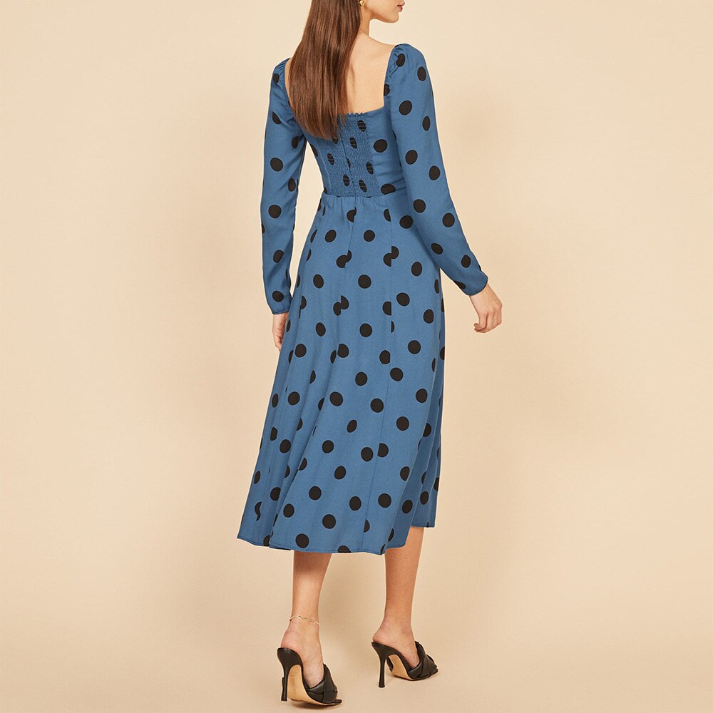 Ifomt Woman Polka Dot Dress Long Sleeve Square Neck Chiffon Midi Dress Spring Autumn Office Lady Vintage Party Dresses For Women