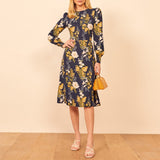 Ifomt Dresses For Women  Vintage Print Chiffon Midi Floral Dress Spring Autumn Round Neck Puff Long Sleeve Dress