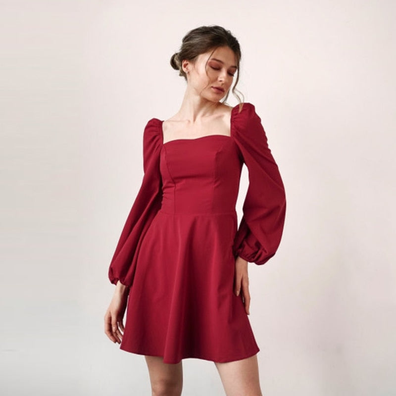 Ifomt Casual Square Neck Puff Sleeve A-Line Dress Autumn Backless High Waist Elegant Vintage Party Mini Dresses For Women