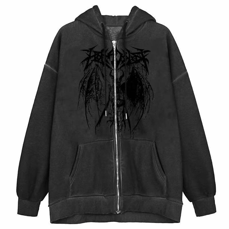 Ifomt Y2K Rhinestone Women Sweatshirt Skeleton Grunge Goth Hoodie Black Harajuku Long Sleeve Zip Up Punk Oversized Jacket Streetwear