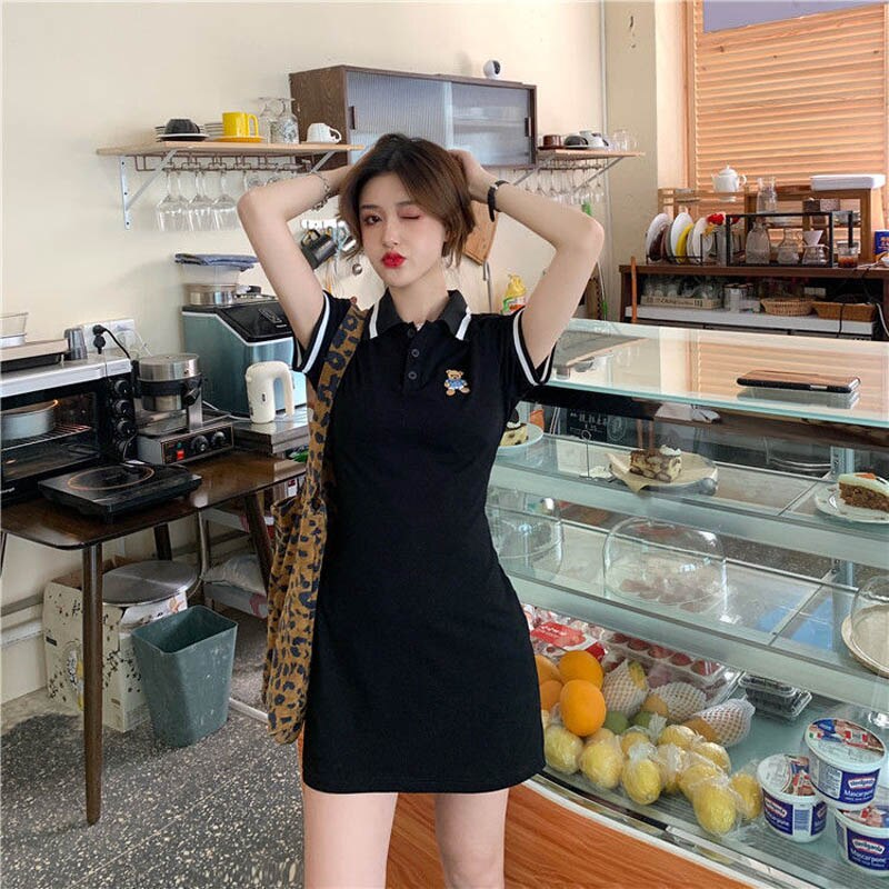 Ifomt Lapel T-Shirt One Piece Dress For Woman 2022 Summer Polo Collar Black Dresses KPOP Sexy Skirt Korean Bear Embroidery Tight Dress