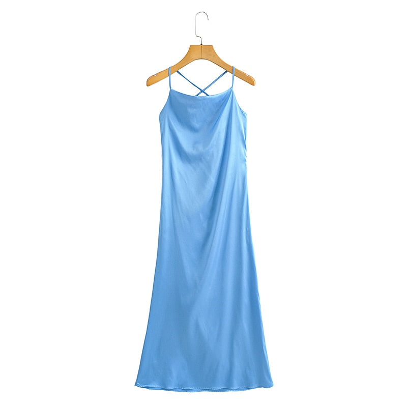 Ifomt Dresses For Women 2022 Evening Backless Tie Sexy Satin Slip Dress Sleeveless Spaghetti Strap Summer Midi Party Dress