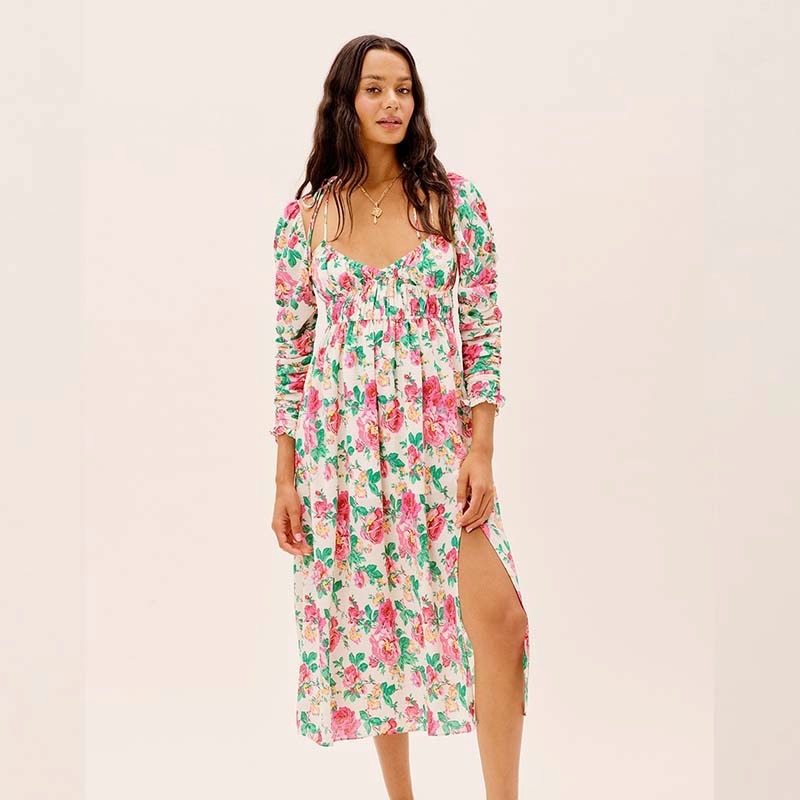 Ifomt 2023 Summer Autumn Holiday Sexy Off The Shoulder V-Neck Long Sleeve Rose Floral Print Long Dress