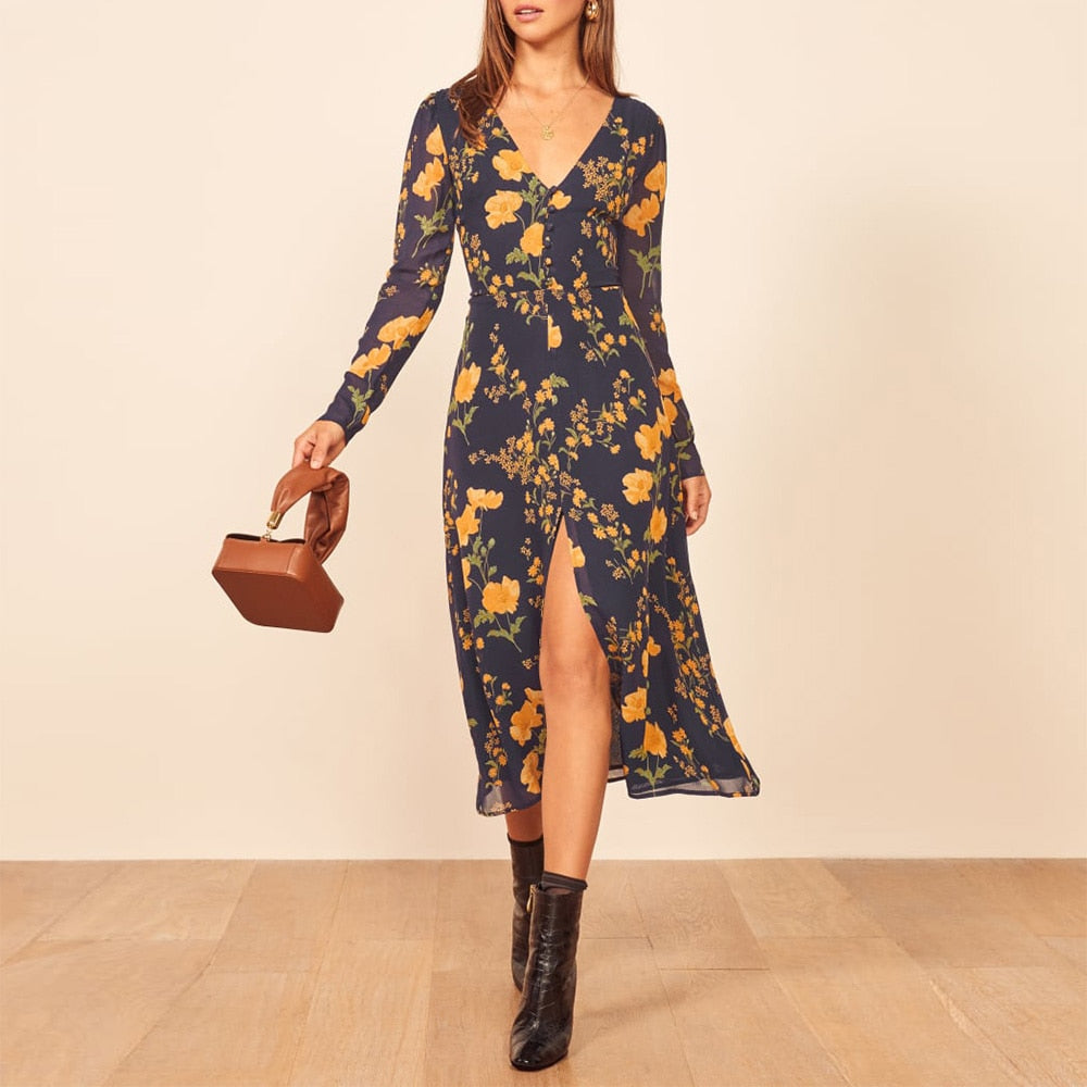 Ifomt Spring Autumn V Neck Button Long Sleeve Dress Women Fashion Slim Front Slit Chiffon Midi Floral Dress Vintage Clothes