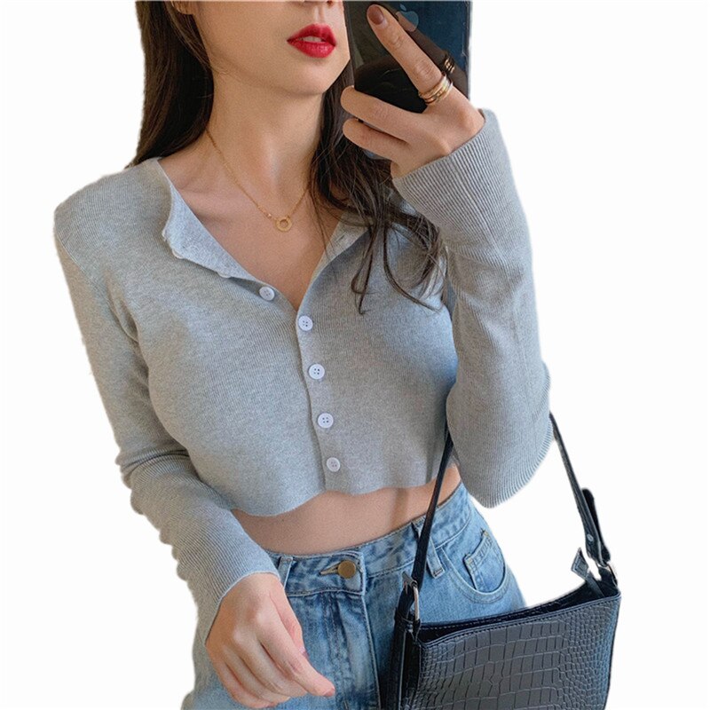 2023 Women   Tops Hot Fashion Solid color Buttons Uo Slim Fit Casual T Shirt Long sleeve Cardigan Crop tops Streetwear Female
