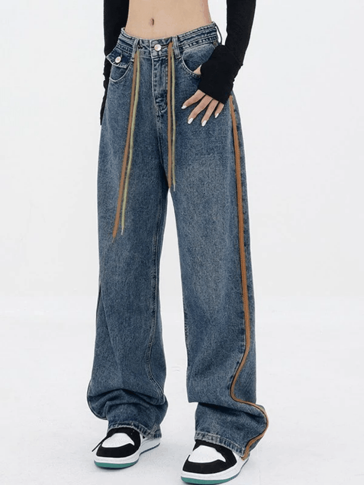 IFOMT 2024 y2k Boyfriend jeans with drawstring and side stripes