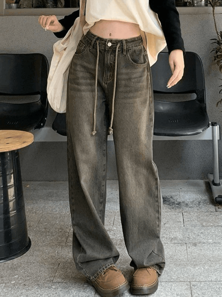 IFOMT 2024 y2k Vintage baggy boyfriend jeans with tie straps