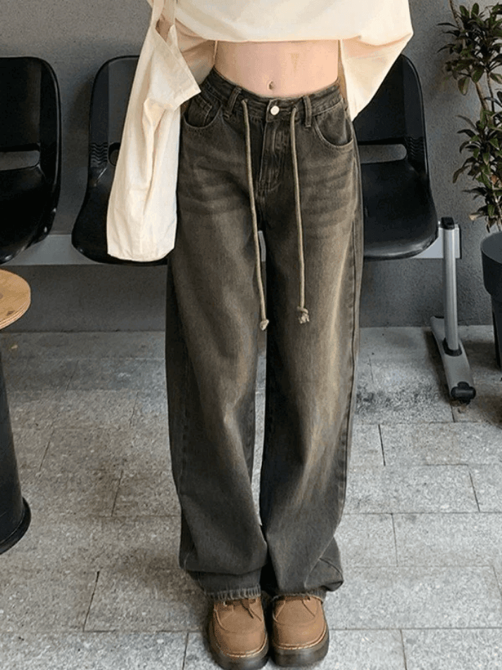 IFOMT 2024 y2k Vintage baggy boyfriend jeans with tie straps