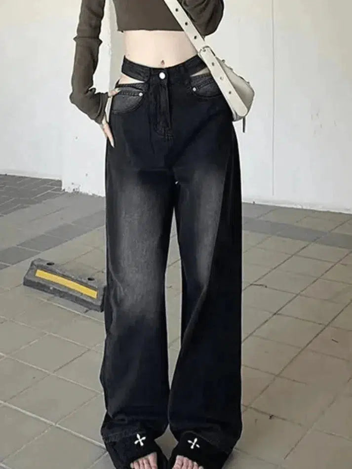 IFOMT 2024 y2k Faded black cutout boyfriend jeans
