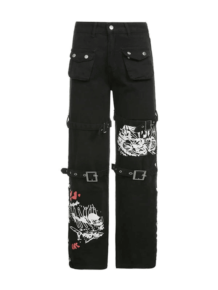 IFOMT 2024 y2k Buckle Strap Printed Cargo Jeans