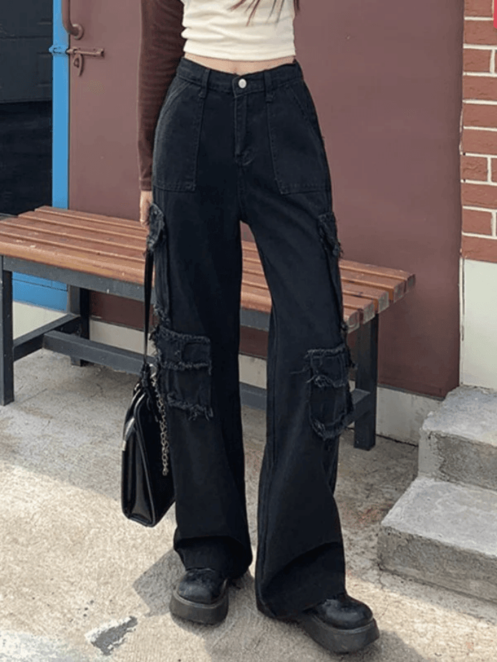 IFOMT 2024 y2k Black Distressed Straight Leg Cargo Jeans