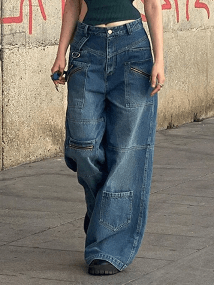 IFOMT 2024 y2k Baggy Washed Blue Patchwork Cargo Jeans