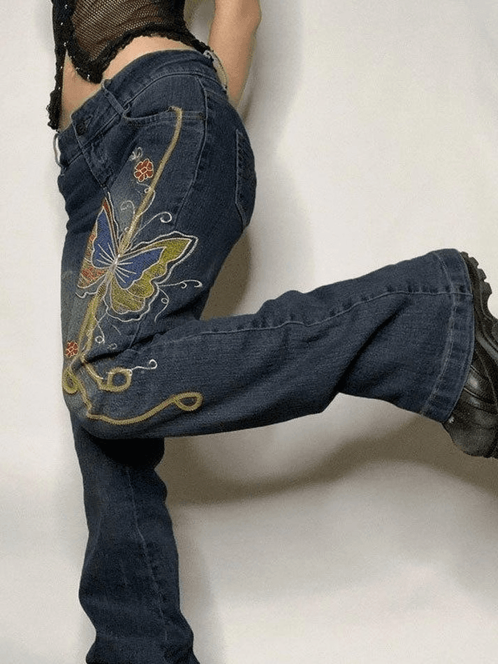 IFOMT 2024 y2k Vintage Washed Butterfly Flared Jeans