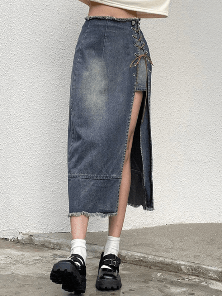 IFOMT 2024 y2k Ripped denim skirt with split front