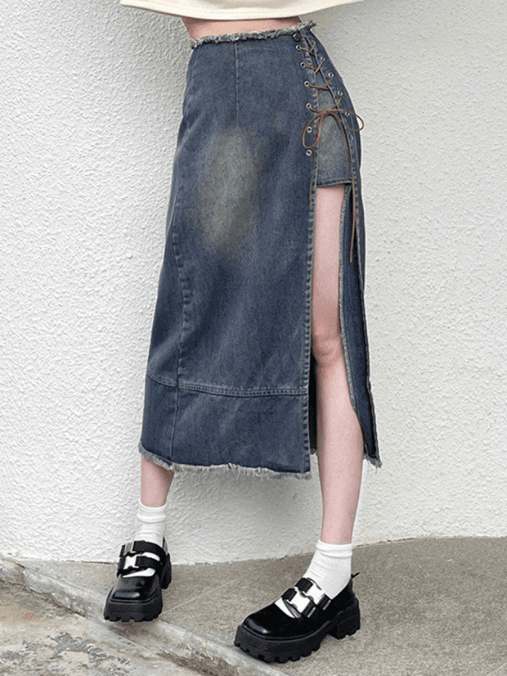 IFOMT 2024 y2k Ripped denim skirt with split front
