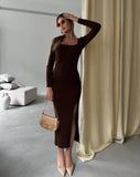 IFOMT 2024 New Fashion Dress Woman Style  Long Sleeve Slit Tricot Dress in Brown - Noxlook