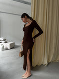 IFOMT 2024 New Fashion Dress Woman Style  Long Sleeve Slit Tricot Dress in Brown - Noxlook