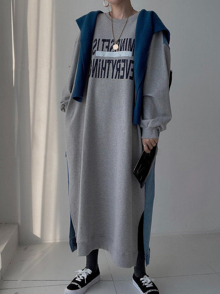 IFOMT 2024 New Fashion Elegant Simple Letter Print Denim Splt-joint Long Sleeve Sweatshirt Dress