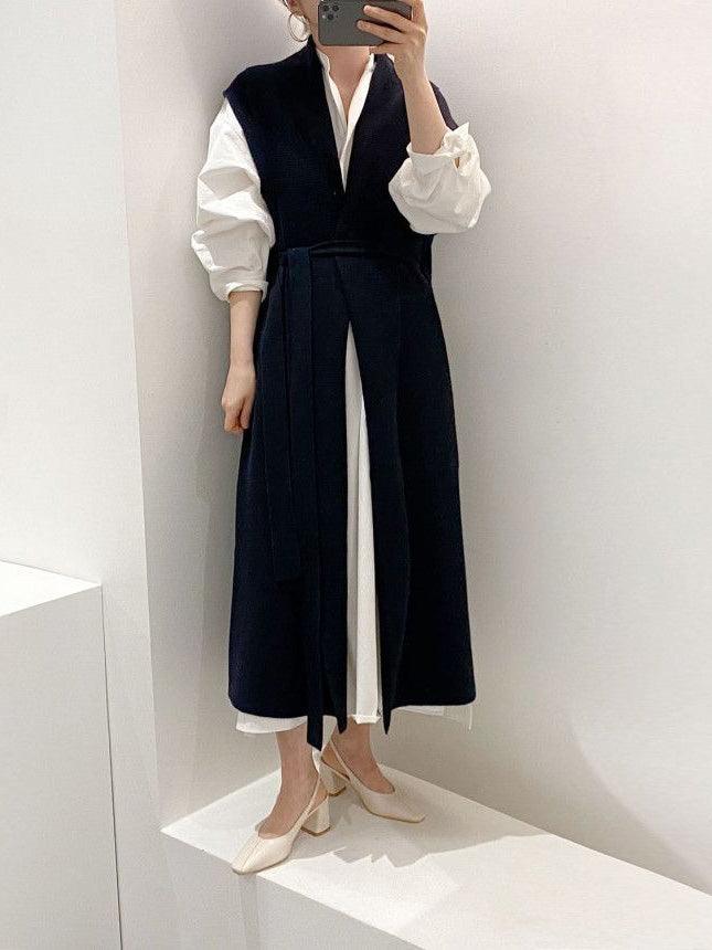 IFOMT 2024 New Fashion Elegant Loose Puff Sleeve Shirt Dress&V-Neck Tie Waist Long Knitted Vest Set