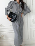 IFOMT 2024 New Fashion Elegant Chic Lapel Pleated Belted Plaid Puff-sleeve Dress