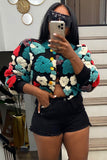 IFOMT 2024 New Woman Style sweater Cardigans Puff Sleeve Floral Jacquard Cardigan