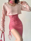 Ifomt Sweet Cute Pink Irregular Dress Women Slim Sexy Mature Hot Girl Lace Up Dress with Long Sleeve Short Top Women's Two Piece Sets