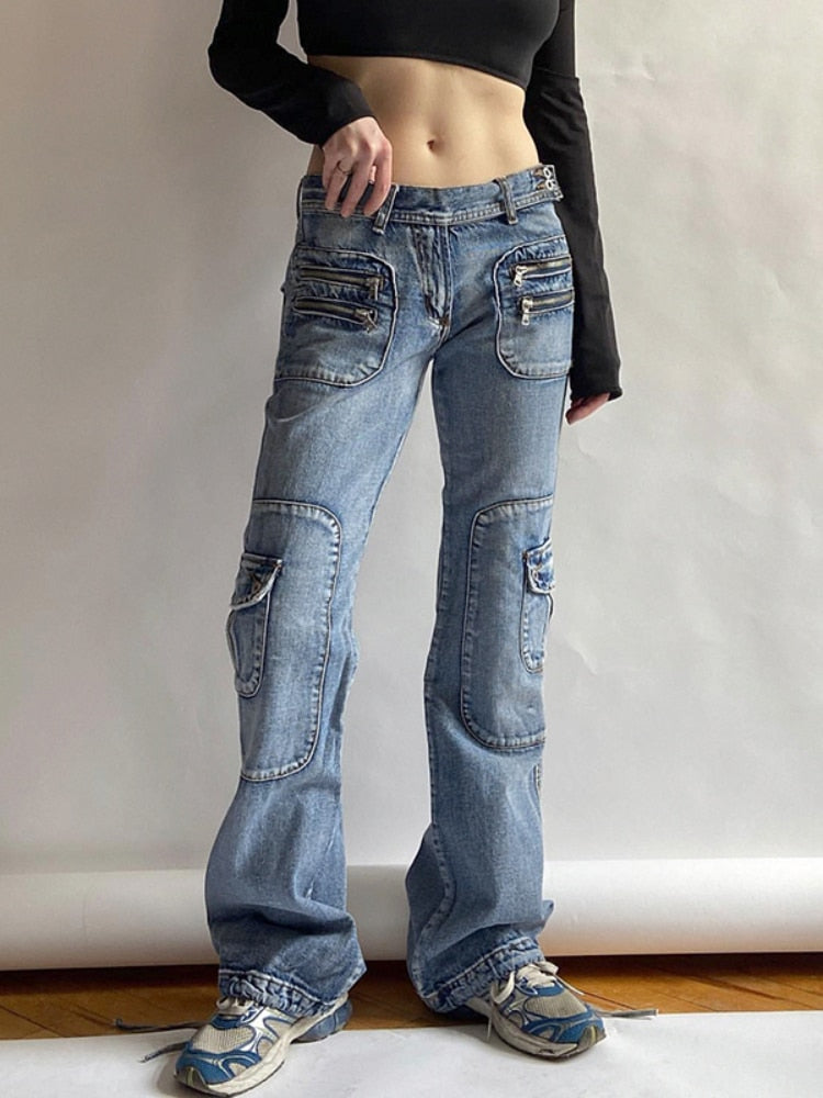 Ifomt Zipper Distressed Flare Jeans Y2k Retro Low Waisted Streetwear Strecthy Fashion Trousers Mom Jeans Korean Pants Casual