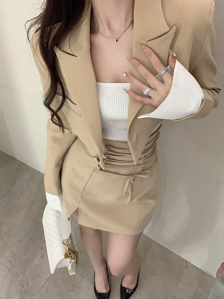 Ifomt 2 Piece Dress Set Women Casual Y2k Crop Tops Elegant Jacket Coats + Mini Skirts Korean Fashion Suits Autumn Blazers Dress