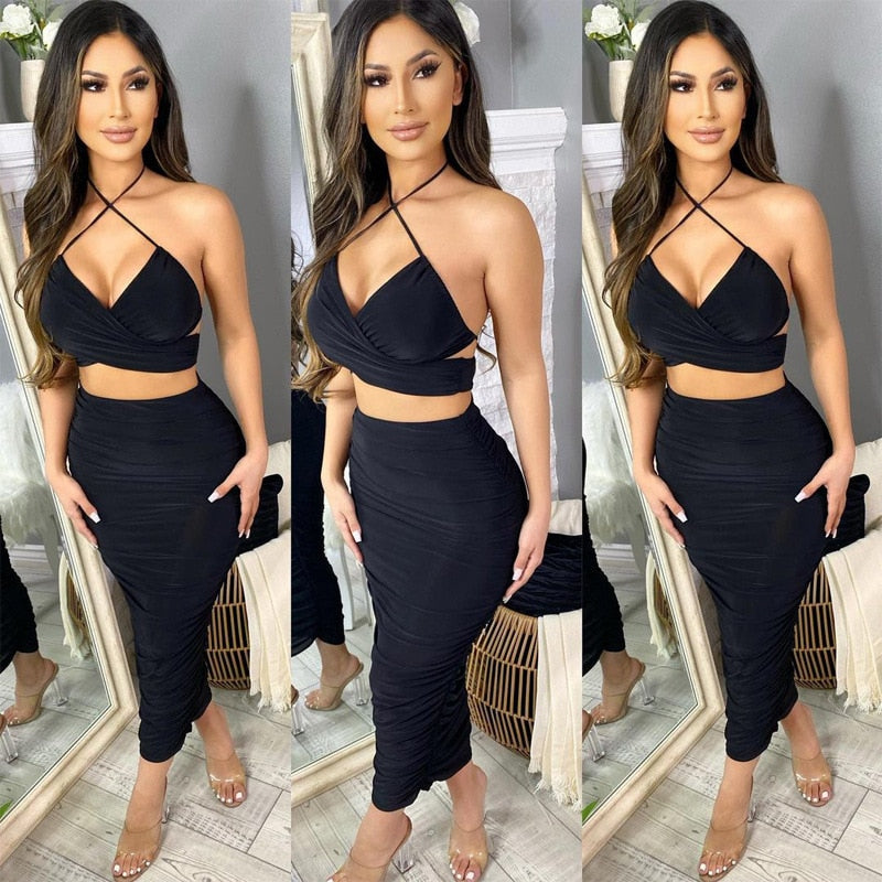 2022 Sleeveless Casual Solid Color 2 Piece Sets Fashion 2 Piece Skirt Sets Elegant Thin Strapless Tight Party Summer Prom Dress