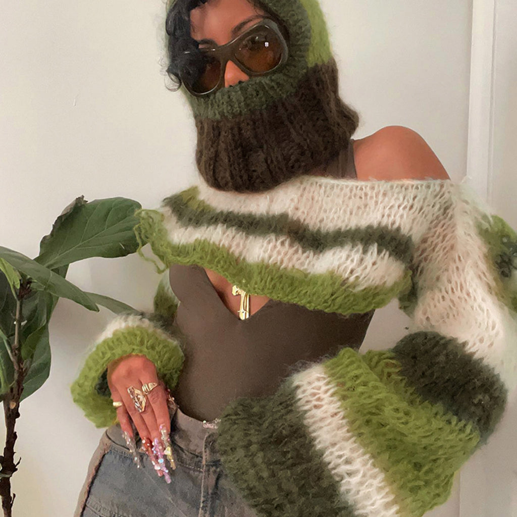 Ifomt Autumn Green 2 Piece Top Set Off Shoulder Navel Exposed Women Long Sleeve Top Hat  Mini Sweater Knitwear Pullover Fall Outfits 2023