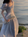 Ifomt Summer French Elegant Midi Dress Women Short Sleeve Beach Style Fairy Dress Even Party Office Lady Korean Clothing Dresses