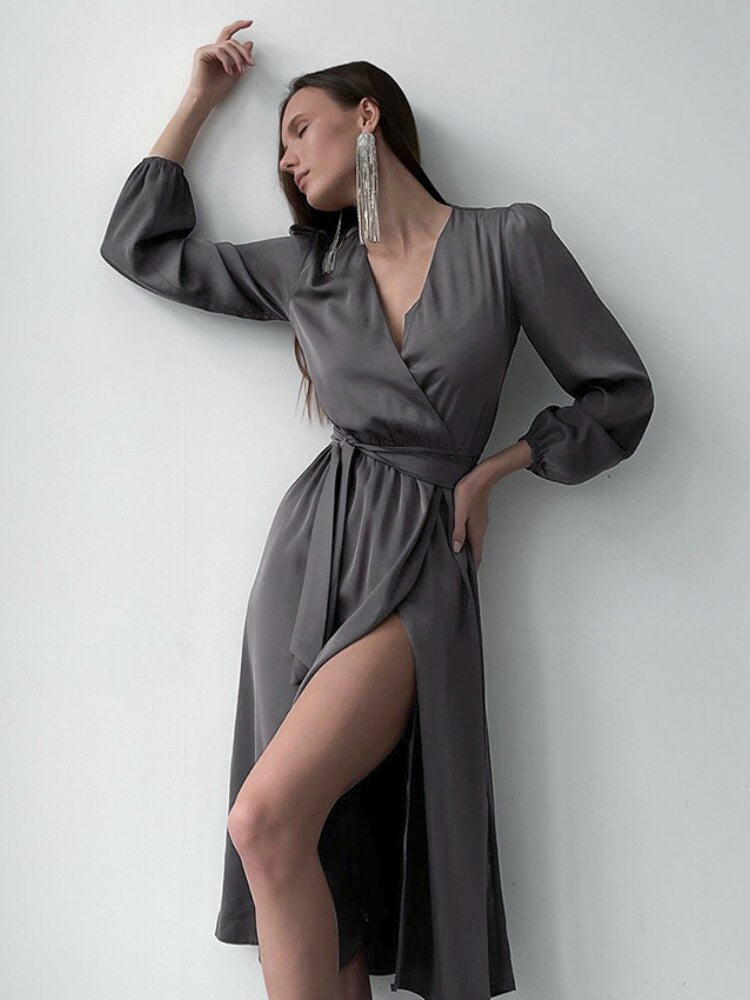Ifomt Long Dress Slit Deep V-Neck Temperament Elegant Casual Solid Color Long-Sleeved Robe Female With Belt For Party 2022 Fashion