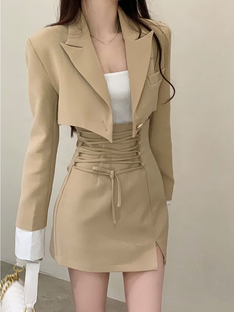 Ifomt 2 Piece Dress Set Women Casual Y2k Crop Tops Elegant Jacket Coats + Mini Skirts Korean Fashion Suits Autumn Blazers Dress