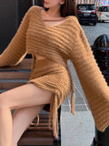Ifomt 2023 Autumn Pullover Crop Tops Two Pieces Set Female Evening Outfits Elegant Solid Knitted Sweater Skirts Suit Womens Fall Outfits 2023