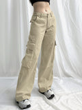 Ifomt 100% Cotton Soft Cargo Denim Pants Low Rise Casual Wide Leg Jeans Baggy Oversized Big Pockets Vintage Streetwear Women