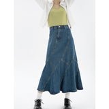 Ifomt Summer Vintage Blue Women Denim Trumpet Skirt Streetwear Style Casual Irregular High Waist Ladies Long Mermaid Jean Skirt