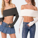 Ifomt Women Off Shoulder Top Pullover Showing Belly Top Slim Fit Crop Tops Solid Color Clubwear Wear Fall Outfits 2023