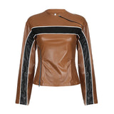 IFOMT 2024 Fashion Woman tops y2k style Brown Zipper Stripe Patchwork Leather Jacket