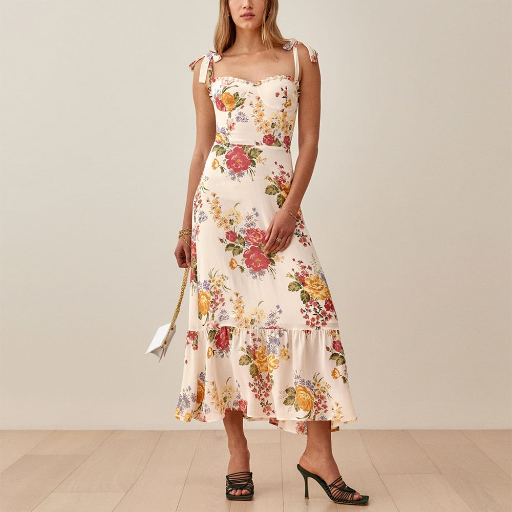 Ifomt Wedding Guest Dresses For Women Vintage Print Midi Floral Dress Spaghetti Strap Tie Vacation Summer Dress