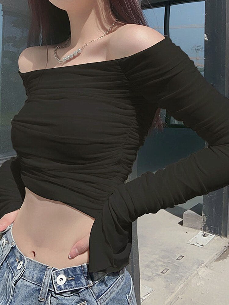 Ifomt Mesh Patchwork Crop Top Women Spring Summer Long Sleeve T Shirt Ruched Off Shoulder Bodycon Sexy Elegant Streetwear Y2K Clothes