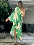 Ifomt Green Boho Printed Off Shoulder Kaftan Plus Size Women Clothes Summer Sexy Beach Wear Tunic Casual High Street Dresses A1015