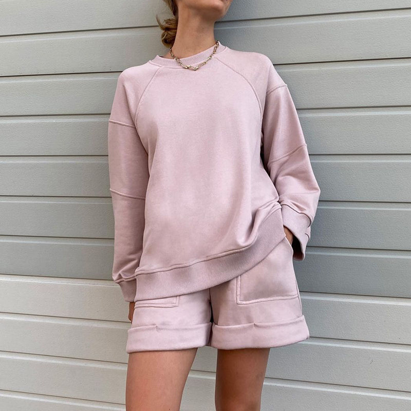 Back to college Spring Summer Soft Cotton Set Women Loose Casual 2 Pieces Long Sleeve Sweatshirt & High Waist Short Solid Outfits